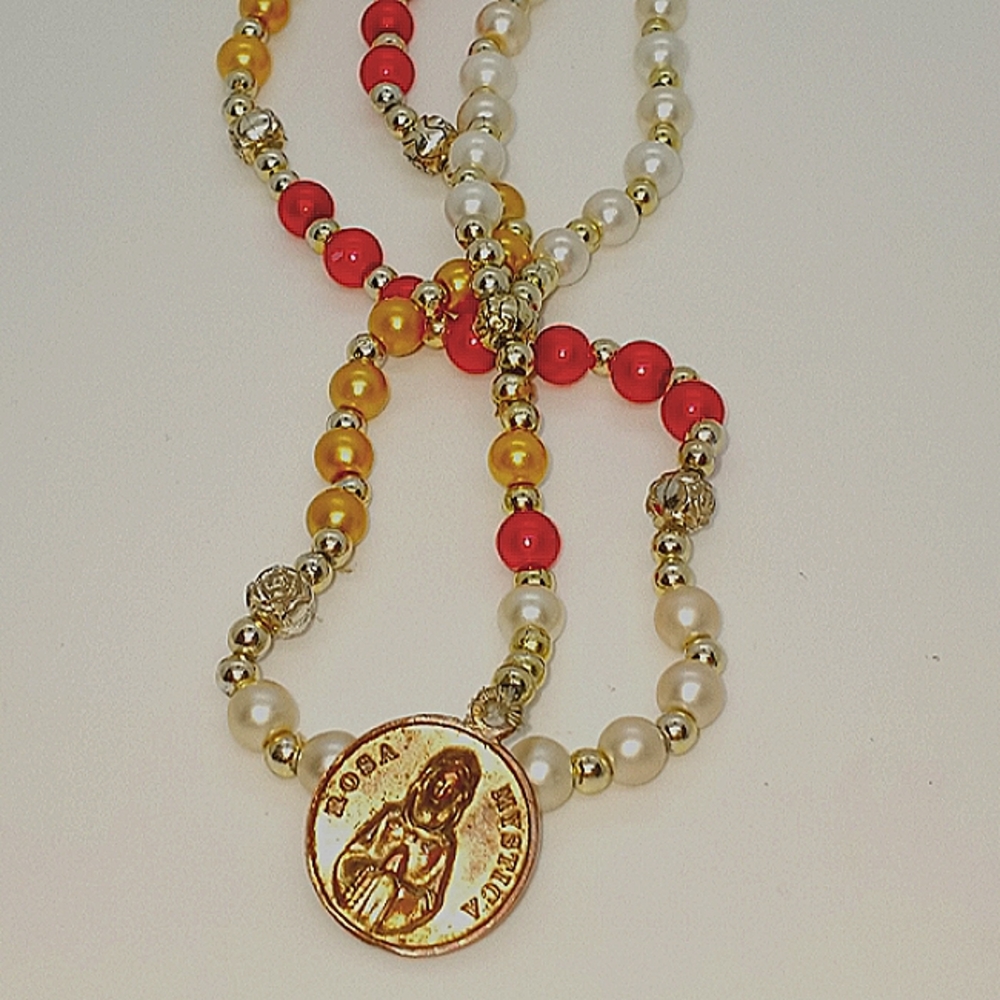 rosa mystica maria mater ecclesiae medal rose bead faux pearl gold tone rosary